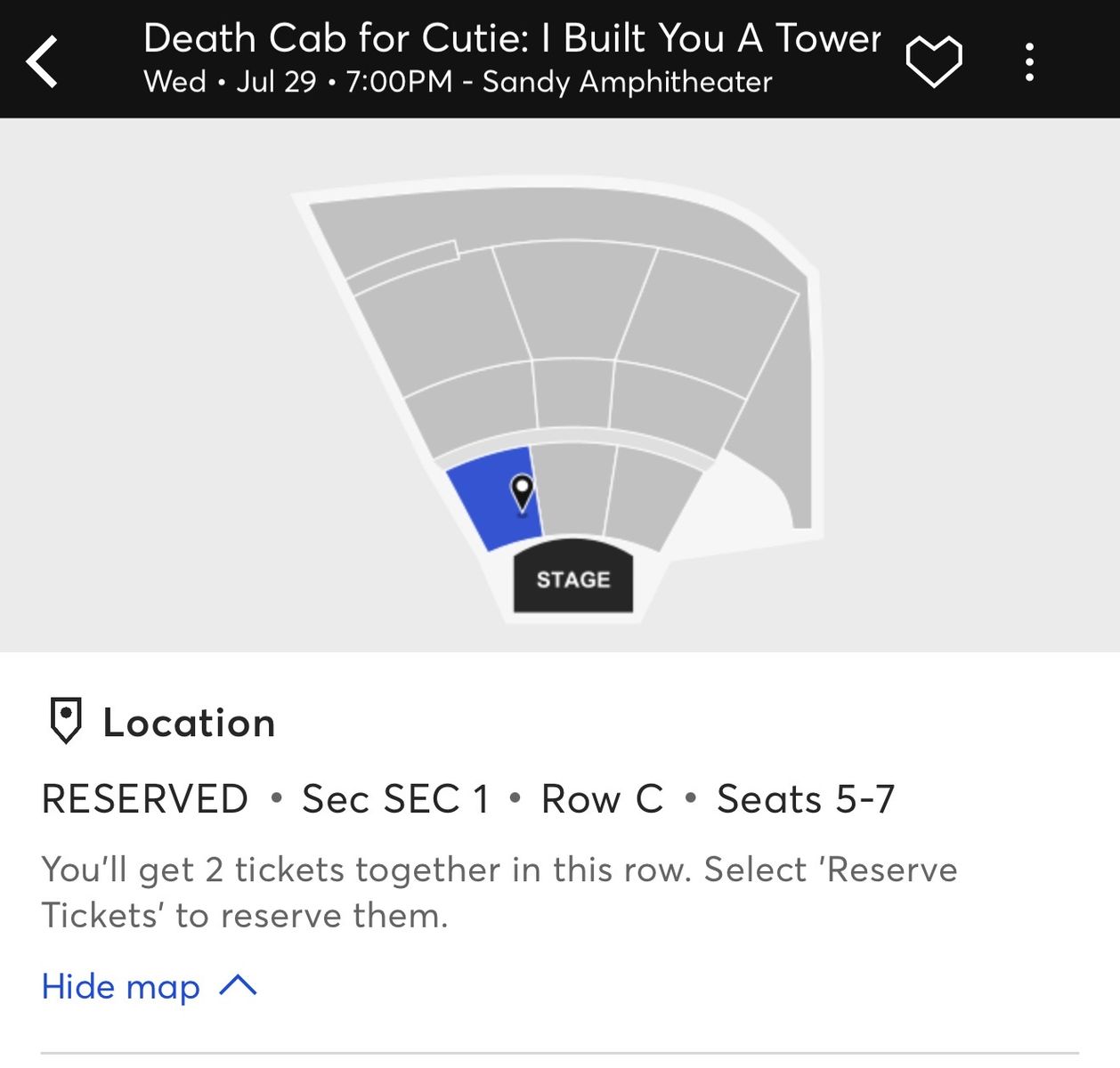 Death Cab for Cutie: I Built You A Tower - 2 Tickets, 3rd Row (Sec 1, Row C)