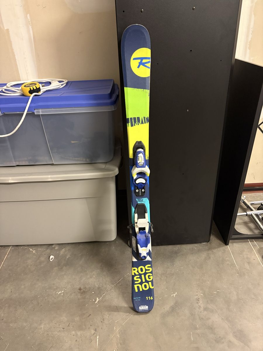 Rossignol Terrain 114cm Kids Skis with Bindings - Blue/Yellow/Green