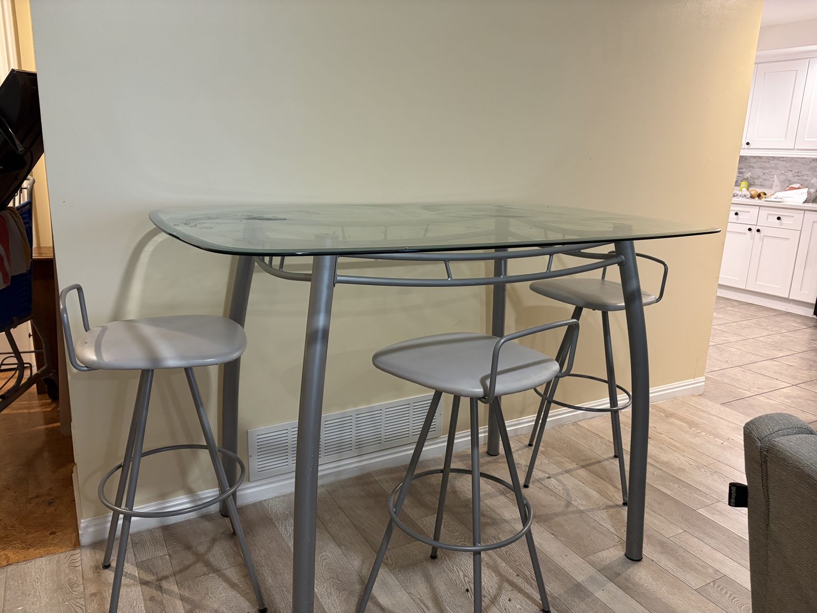 Modern Bar Height Glass Top Dining Table with Three Bar Stools