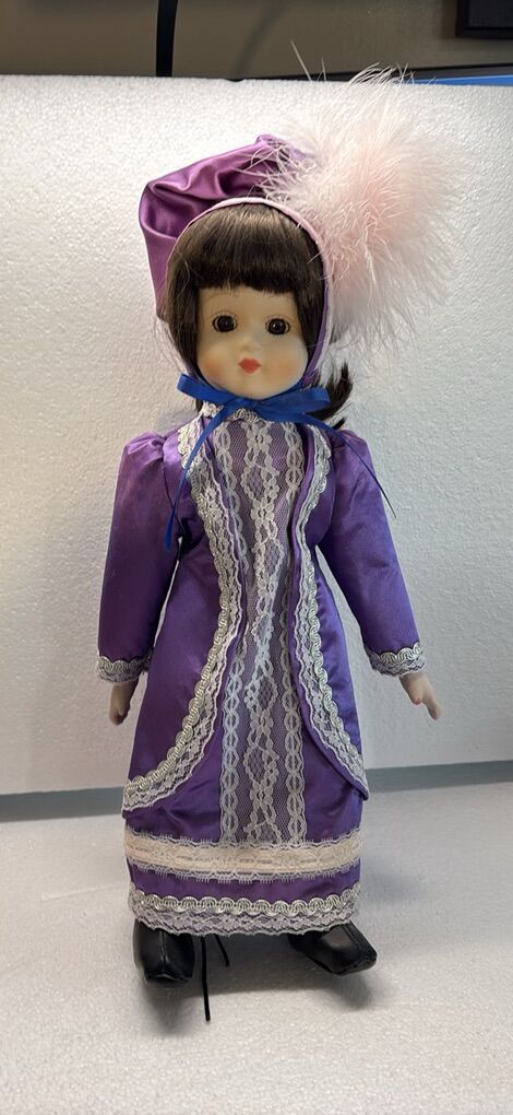 Beautiful 16 Porcelain Doll Purple dress on stand