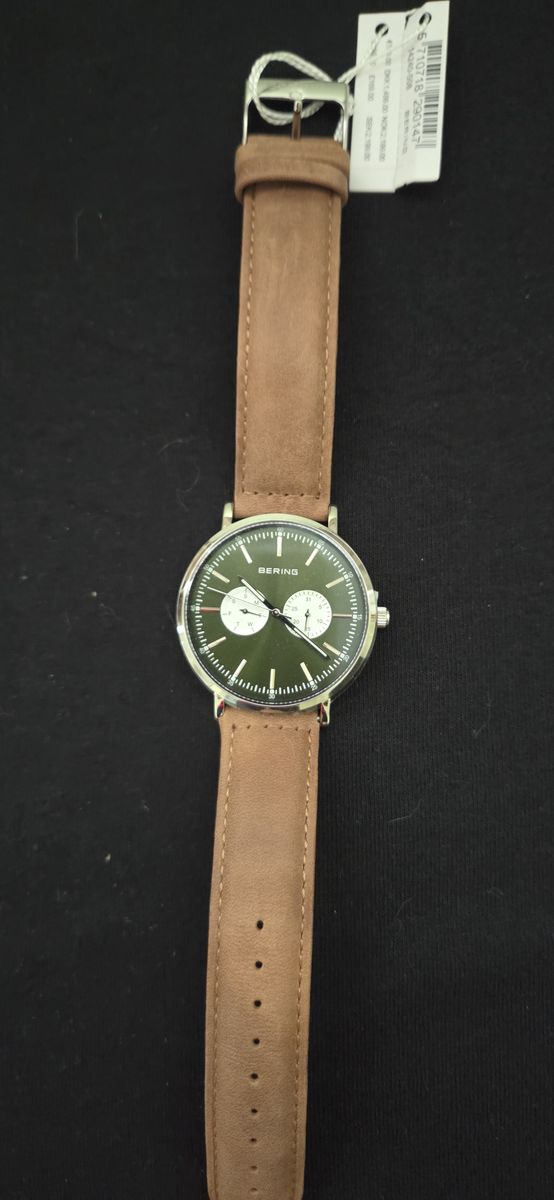 BERING Titan Chrono Watch - Green Dial Brown Leather - NEW with Tag - 10542