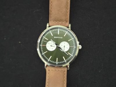 BERING Titan Chrono Watch - Green Dial Brown Leather - NEW with Tag - 10542