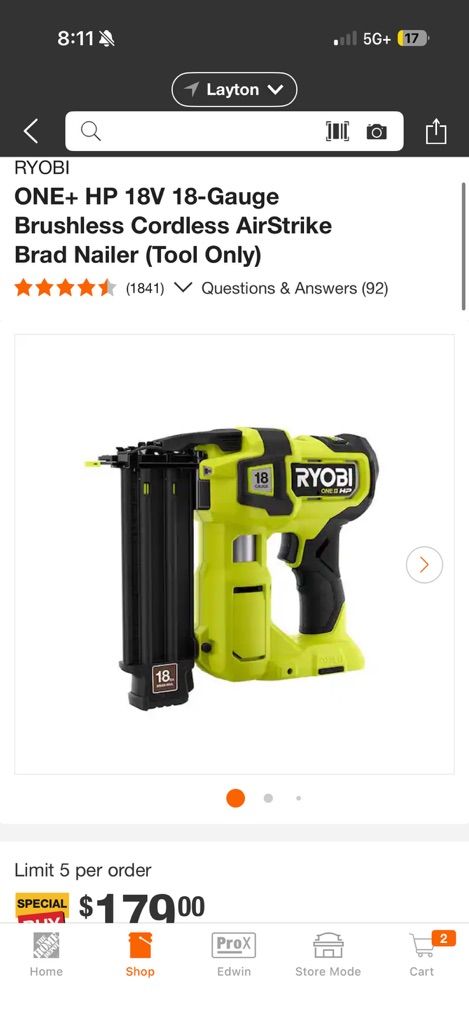 Ryobi 18 Gauge Finish Gun