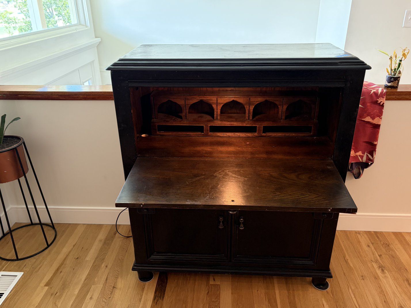 Vintage Dark Wood Secretary Desk with Built-in Organizer, Drop-Down Writing Surface, and Storage Cabinets