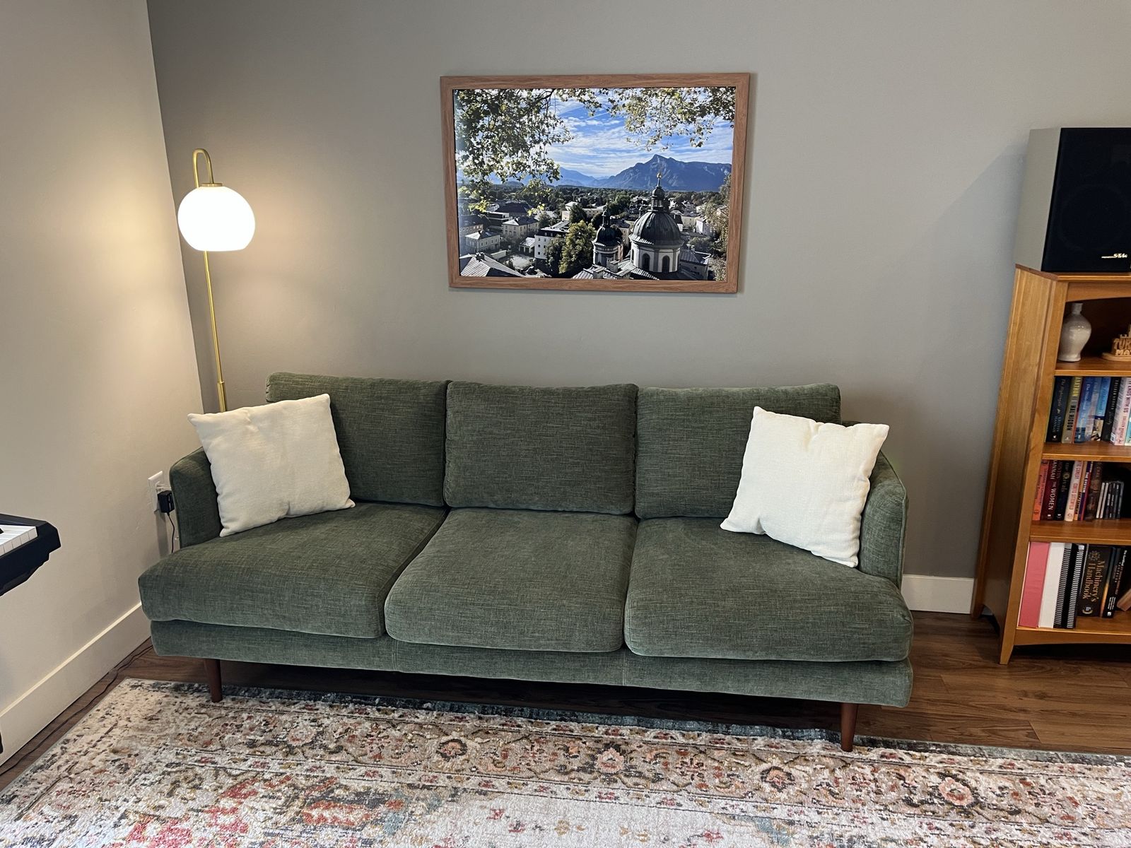 Living Spaces Marques Green Sofa Couch (84") Mid Century Modern