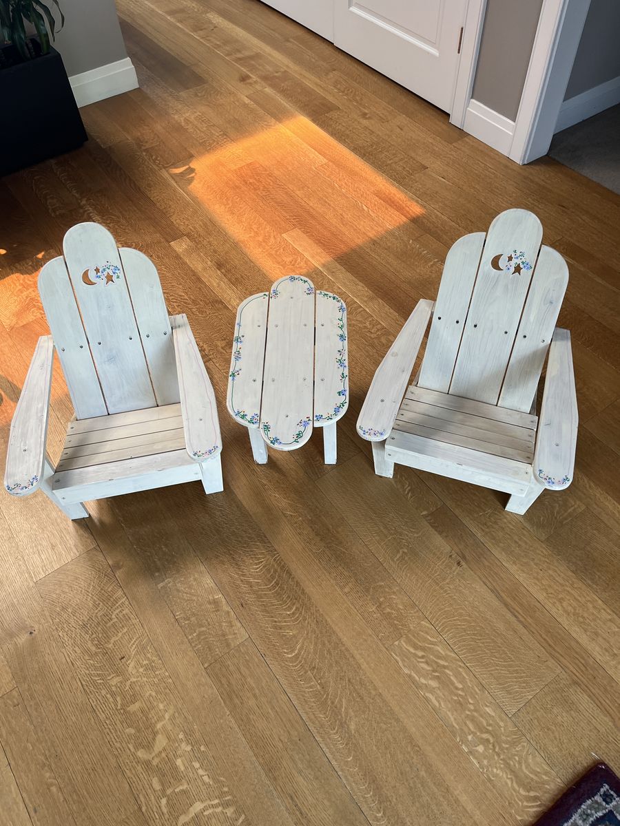 Sweet set of vintage, wood children’s outdoor furniture. Custom painted
