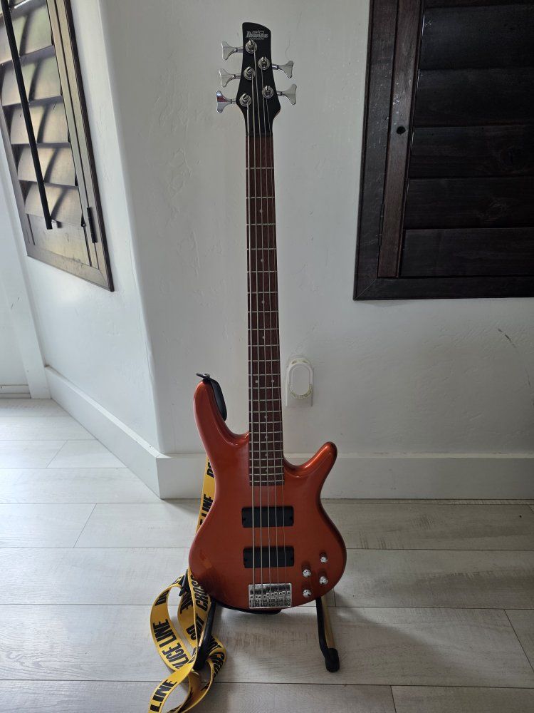 Ibanez Gio Soundgear Bass Guitar, 5-String, Orange with Police line Strap