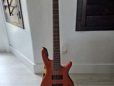 Ibanez Gio Soundgear Bass Guitar, 5-String, Orange with Police line Strap