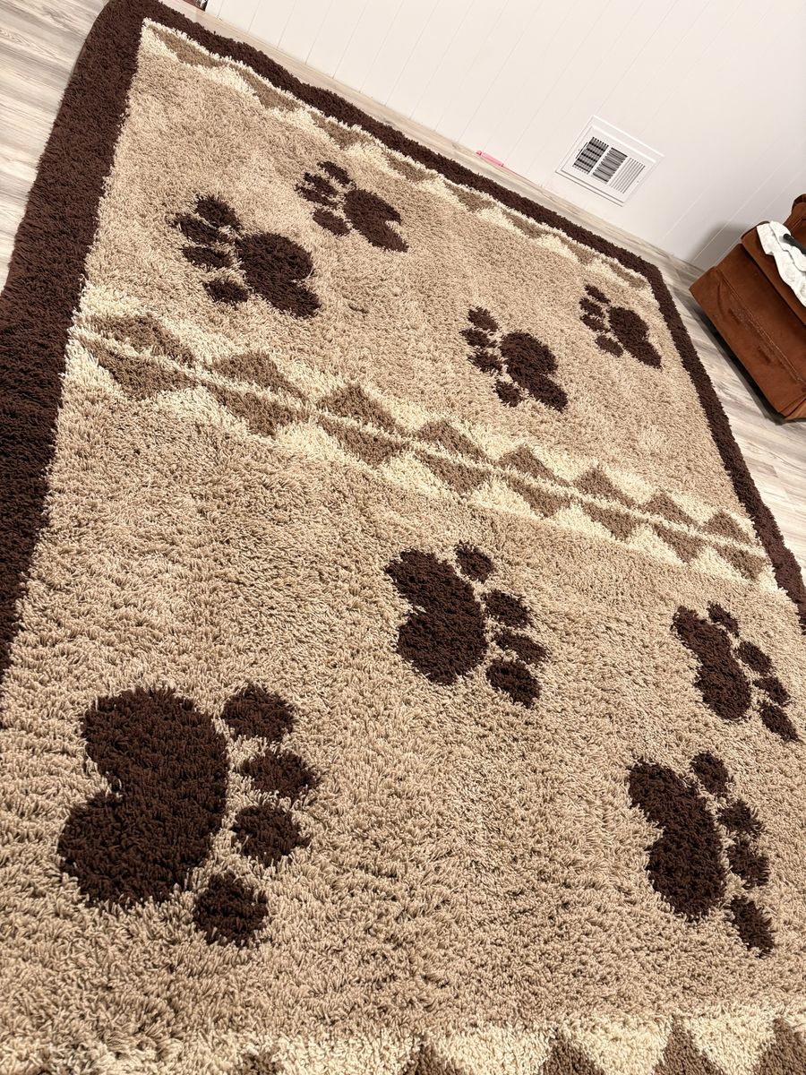 Large Area Rug with Paw Print Design - Beige and Brown Shag Carpet