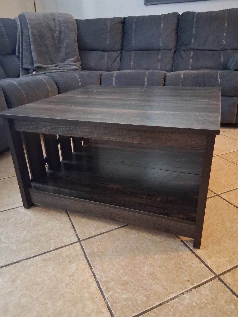 Dark Wood Square Coffee Table - Farmhouse Style with Open Storage Shelf