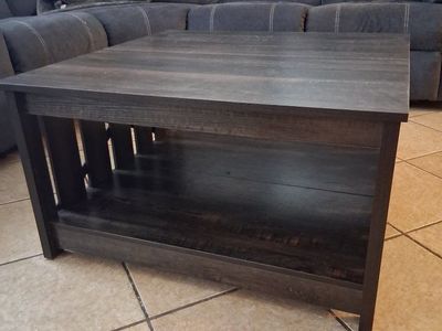 Dark Wood Square Coffee Table - Farmhouse Style with Open Storage Shelf
