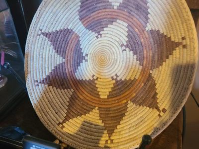 Handwoven Native American-Style Decorative Basket, Earth Tones, Starburst Pattern, Wall Decor