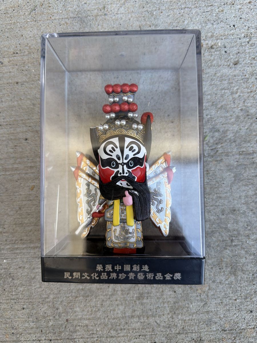 Chinese Opera Face Painted Warrior Figurine in Display Case Collectible