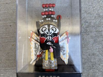 Chinese Opera Face Painted Warrior Figurine in Display Case Collectible