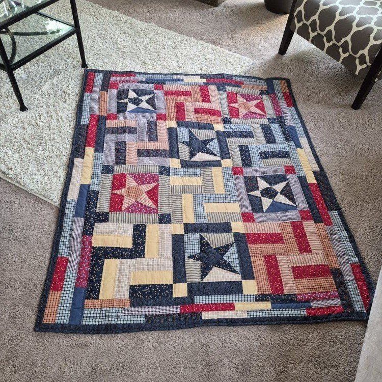 Patriotic Patchwork Quilt - Red, White & Blue Star Design, Throw Size