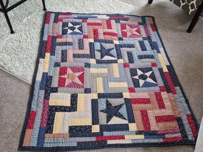 Patriotic Patchwork Quilt - Red, White & Blue Star Design, Throw Size