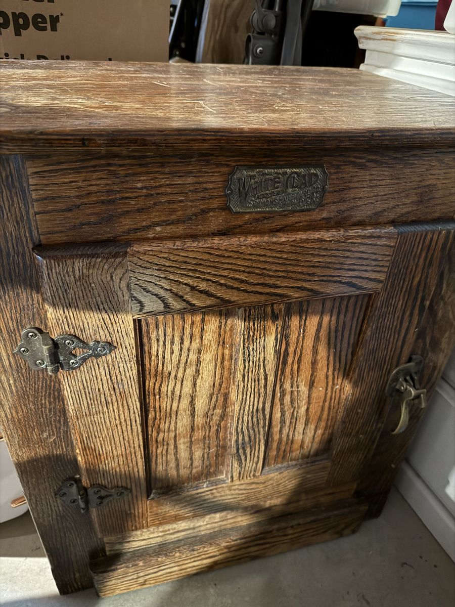 Antique White Clad Simmons Hardware Co. Oak Ice Box Refrigerator Side Table Storage Cabinet
