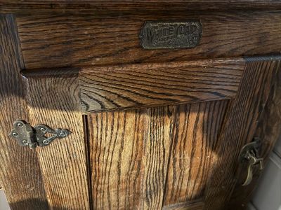 Antique White Clad Simmons Hardware Co. Oak Ice Box Refrigerator Side Table Storage Cabinet