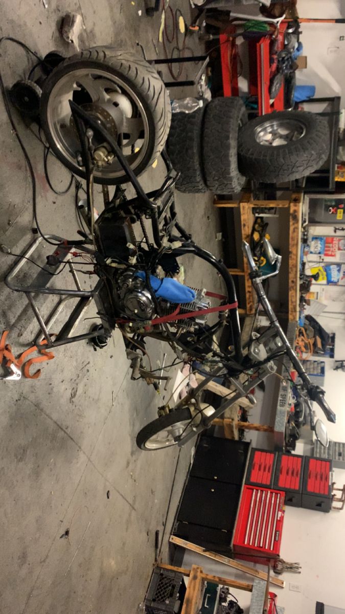 Custom Motorcycle Project Frame with Wheels & Engine Component