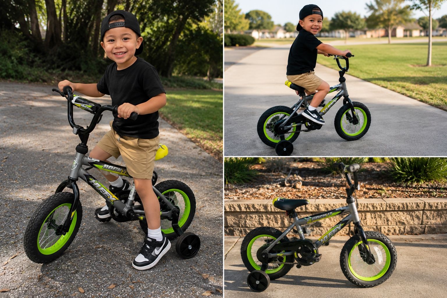 Kids Bike -  Huffy Rock It 12 Inch with Training Wheels Grey-Green