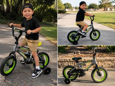 Kids Bike - Huffy Rock It 12 Inch with Training Wheels Grey-Green