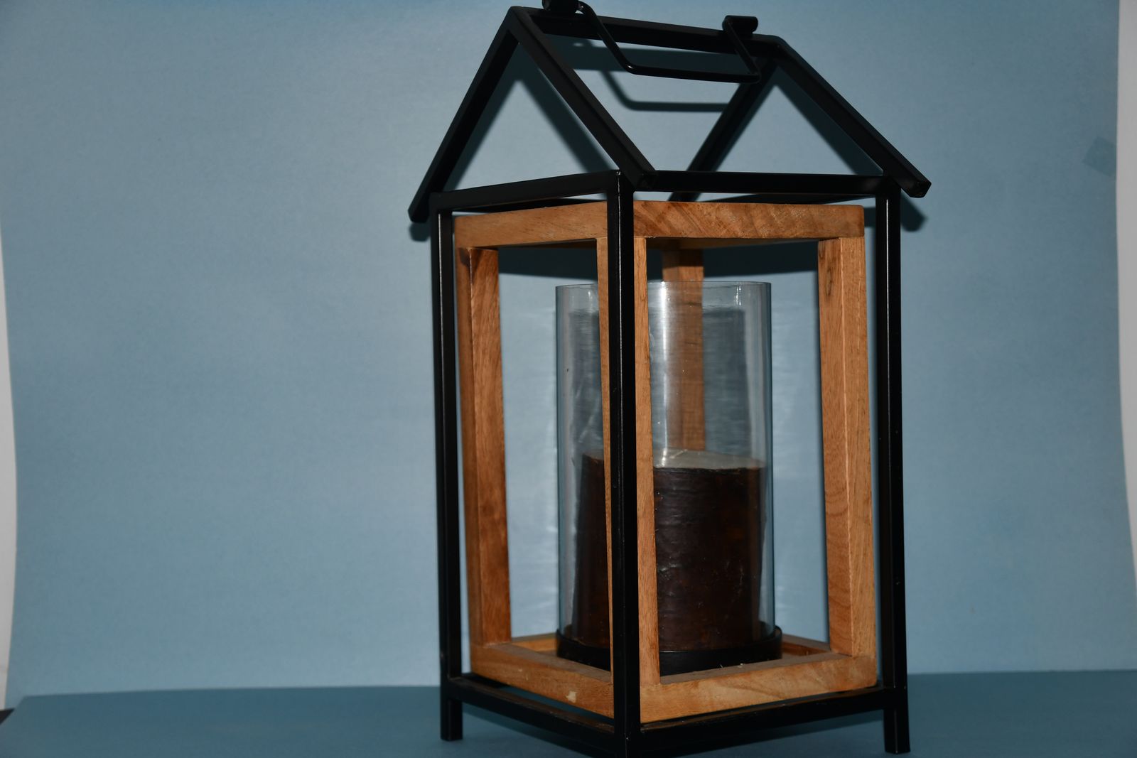 LARGE BLACK METAL & WOOD LANTERN with CANDLE ~ HEIGHT 16" ~ HEAVY ~ VERY NICE!