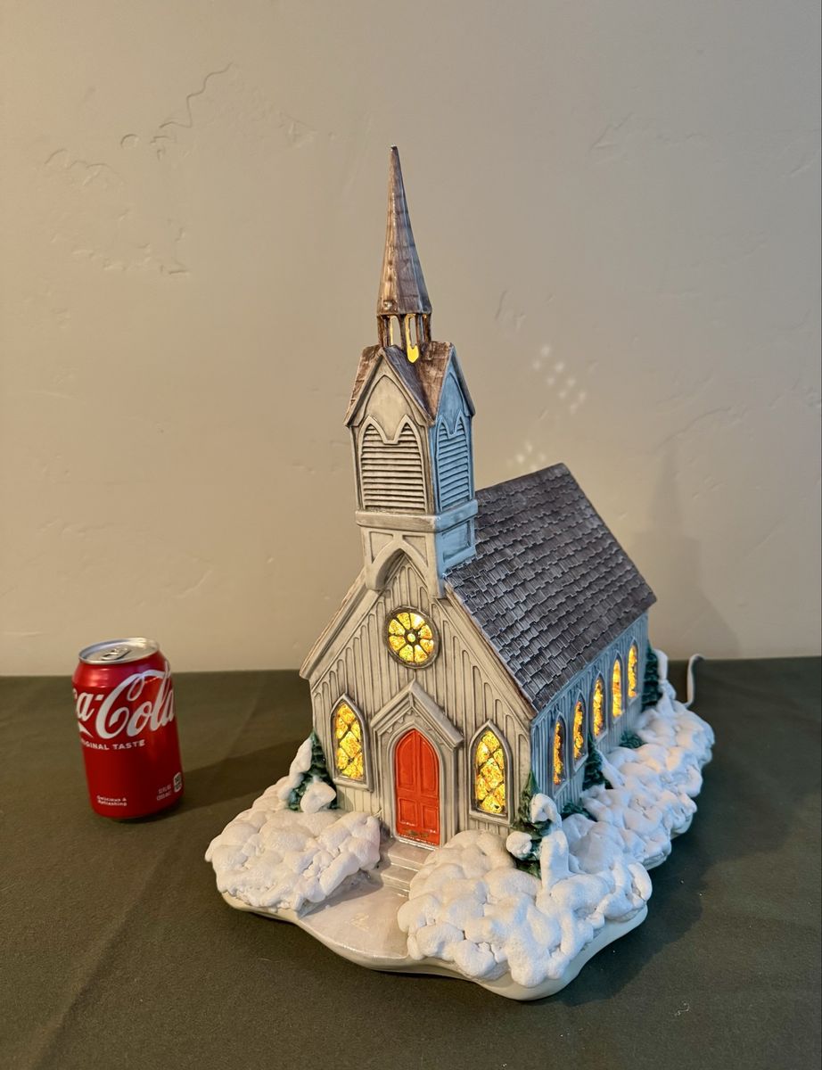 Vintage Christmas Village Lighted Church Decoration - Snow Covered Holiday Display