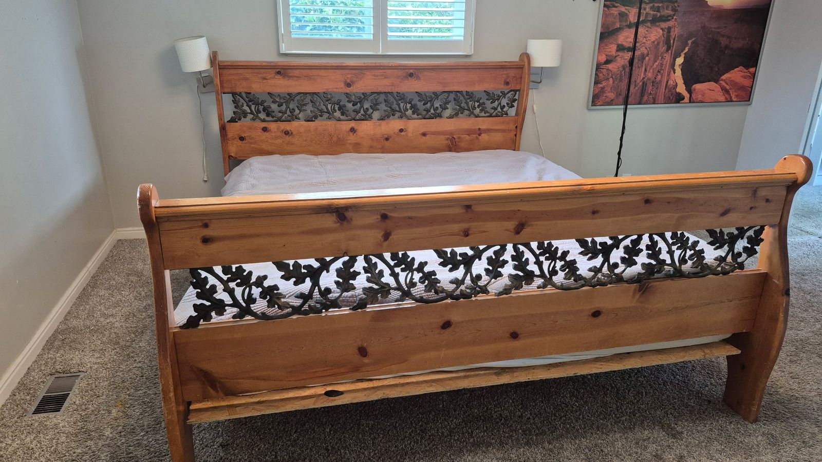 Vintage Rustic Solid Knotty Wood & Metal Floral Design King Sleigh Bed Frame