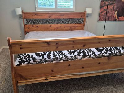 Vintage Rustic Solid Knotty Wood & Metal Floral Design King Sleigh Bed Frame