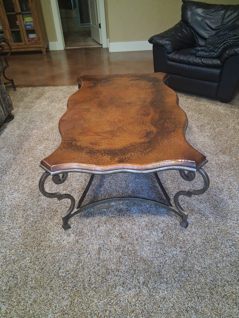 Wrought Iron & Hammered Copper Coffee Table and matching end table. Scrolled Base, Unique Wavy Edge