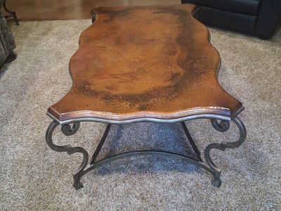 Wrought Iron & Hammered Copper Coffee Table and matching end table. Scrolled Base, Unique Wavy Edge