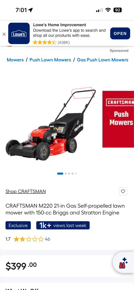 Craftsman M220 21-inch 150cc Briggs & Stratton Gas Self-Propelled Lawn Mower FWD