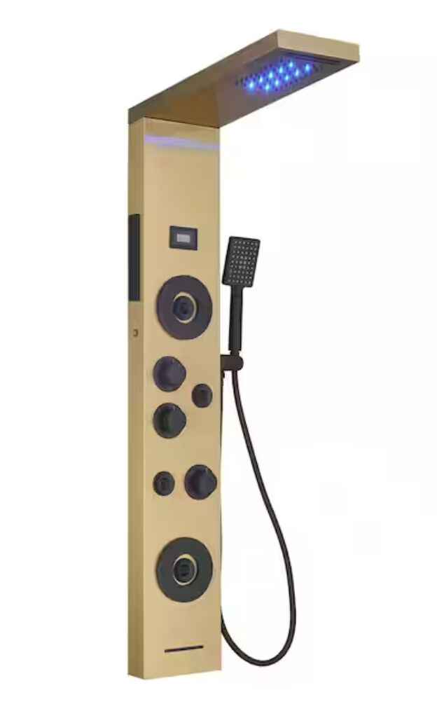 BWE 4-Jet Rainfall Shower Panel System with Rainfall Waterfall Shower Head and Shower Wand with LED Light in Black Gold