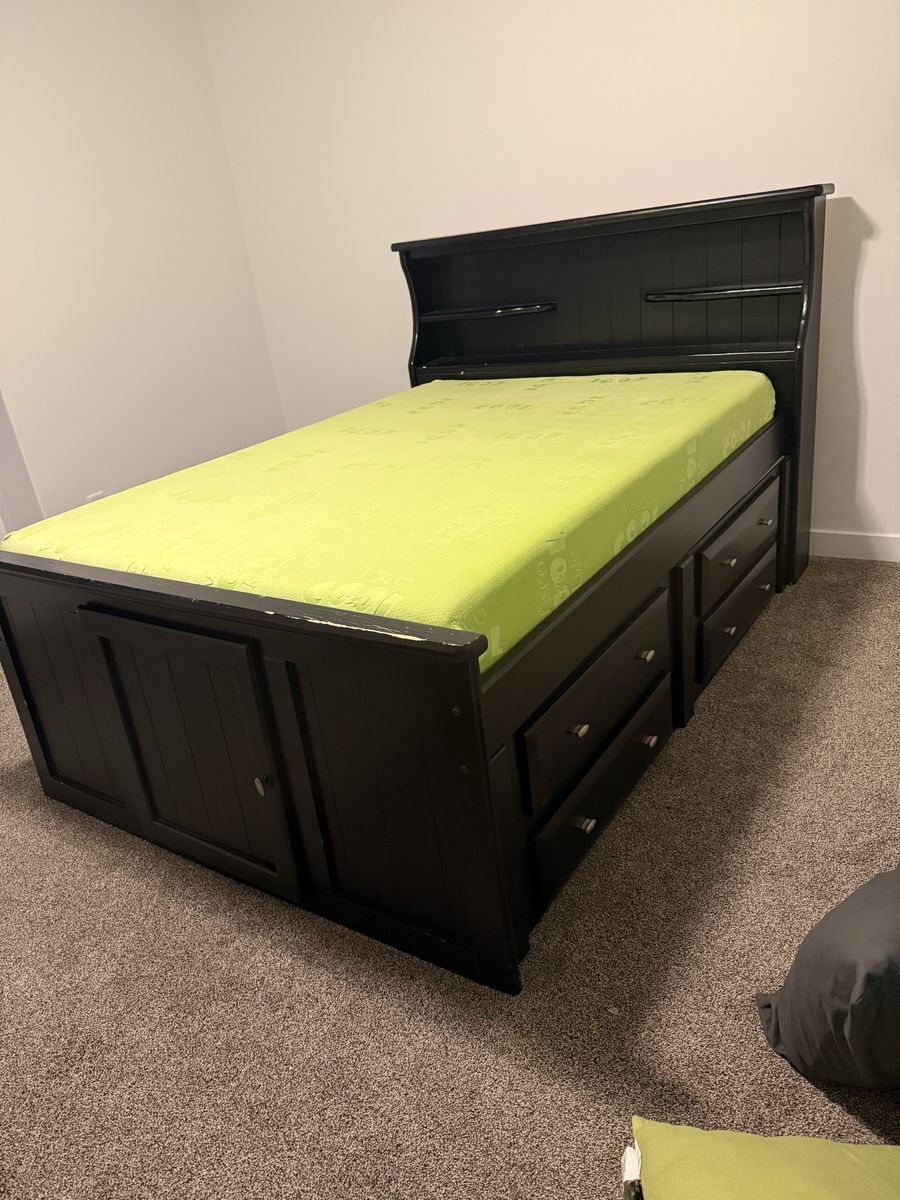 Black full Storage Bed Frame with Bookshelf Headboard & Under-Bed Drawers plus cool kids mattress