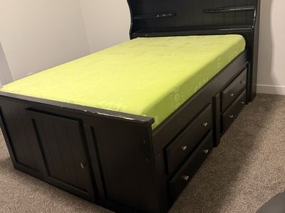 Black full Storage Bed Frame with Bookshelf Headboard & Under-Bed Drawers plus cool kids mattress
