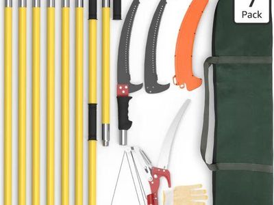 Extendable Tree Trimmer Pole Saw Kit (7.3-27 ft) with Long Handle Pruner, Sharp Steel Blade, and Scissors