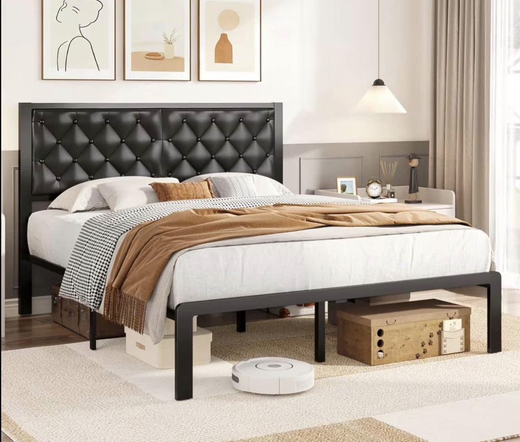Queen Bed Frame — Brand New - Vegan Leather