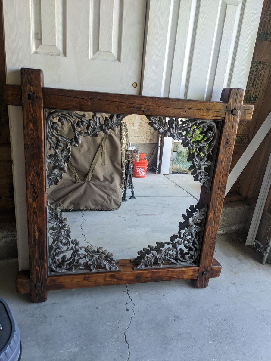Rustic Wooden Mirror with Cast Iron Acorn and Leaf Corner Accents