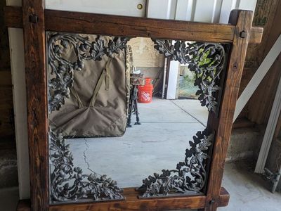 Rustic Wooden Mirror with Cast Iron Acorn and Leaf Corner Accents