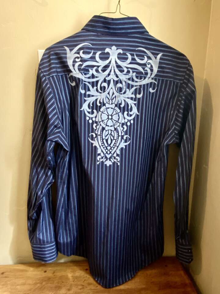 NEW - Mens LevelTen Mens Long Sleeve Dress Shirt - Blue and Black Stripe - SZ XL - C PICS