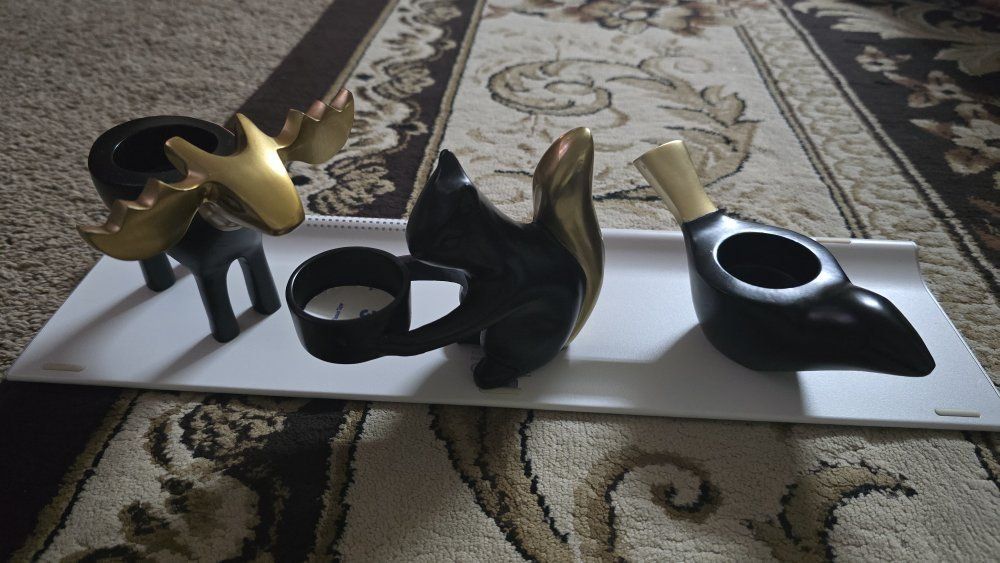 Set of 3 Animal Tealight Holders - Moose, Bird, Squirrel - Black & Gold Decorative Figurines.