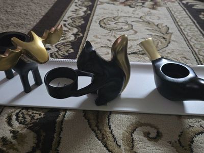 Set of 3 Animal Tealight Holders - Moose, Bird, Squirrel - Black & Gold Decorative Figurines.