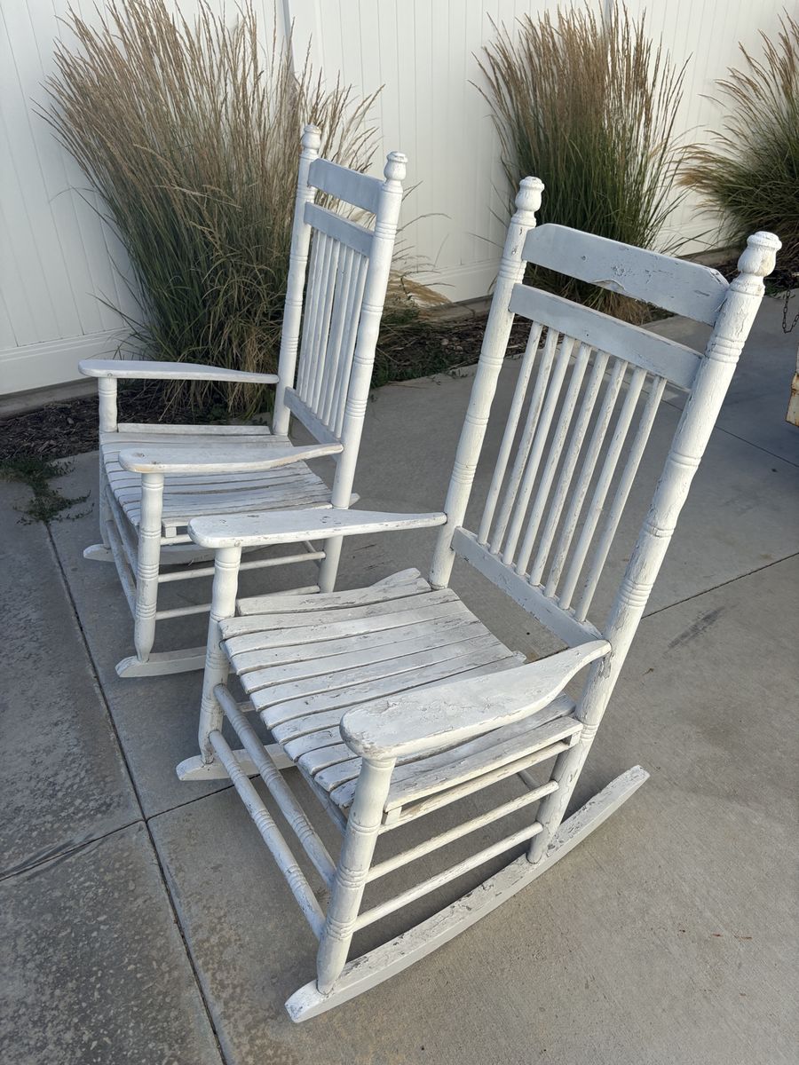 Pair of White Wooden Outdoor Rocking Chairs - Classic Porch Rockers, Distressed Finish