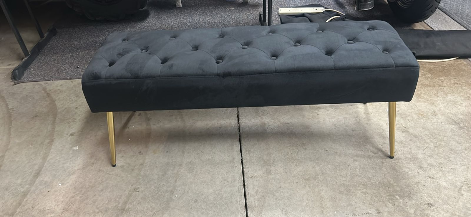 Black Tufted Velvet Bench with Gold Metal Legs
