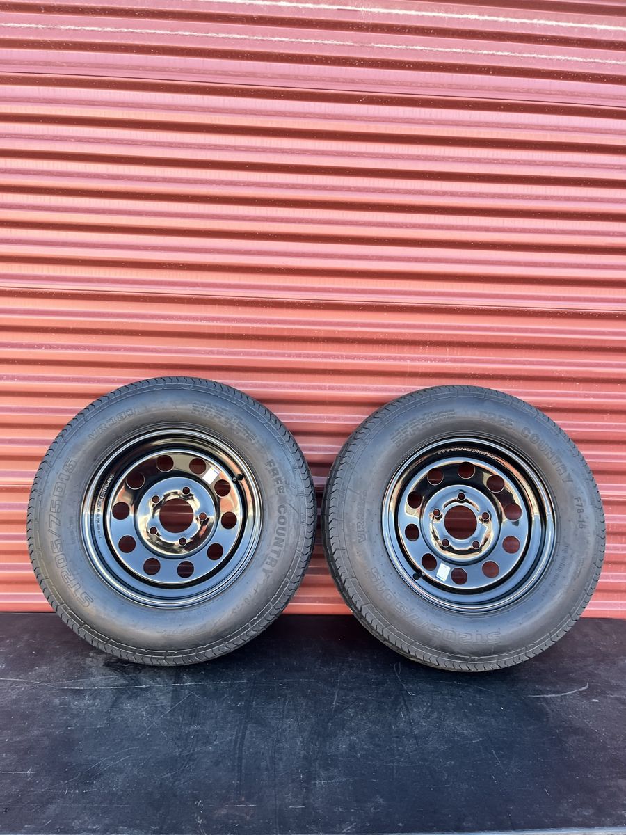 Free Country ST 205/75 D 15 Trailer Tires Mounted on New Black Mod Wheels       Hard to Find 5 on 5 Pattern Brand New