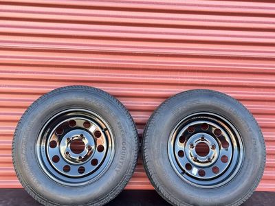 Free Country ST 205/75 D 15 Trailer Tires Mounted on New Black Mod Wheels Hard to Find 5 on 5 Pattern Brand New