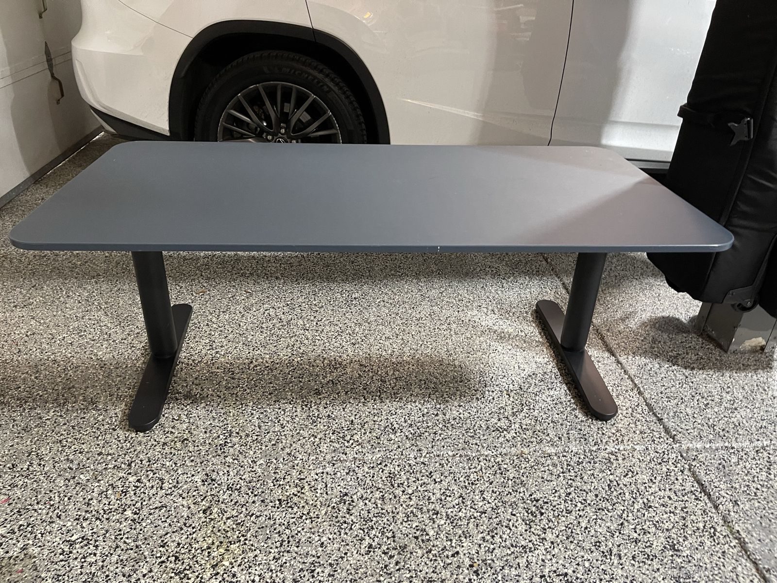IKEA Mittzon Navy Blue Top Office Desk with Black Dual-Leg Base  sit stand automated desk. 63”