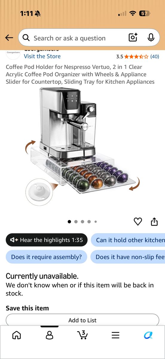 2 in 1 Clear Acrylic Coffee Pod Holder & Appliance Slider for Nespresso Vertuo