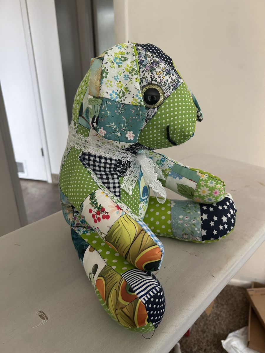 Handmade Memory Bear Stuffed Animal, Patchwork Fabric Keepsake