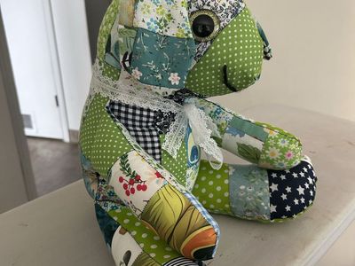 Handmade Memory Bear Stuffed Animal, Patchwork Fabric Keepsake
